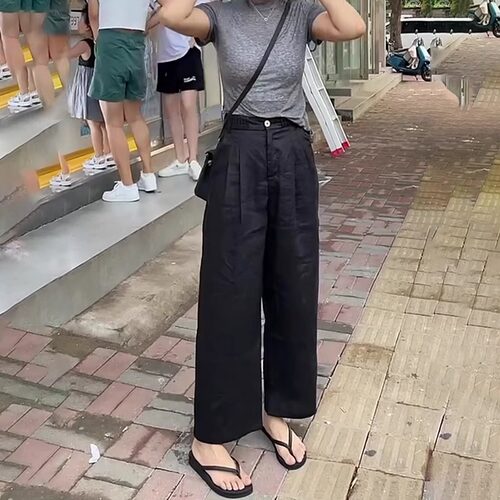 黑色九分亚麻裤女夏季新款高腰显瘦气质时尚百搭舒适休闲直筒裤子