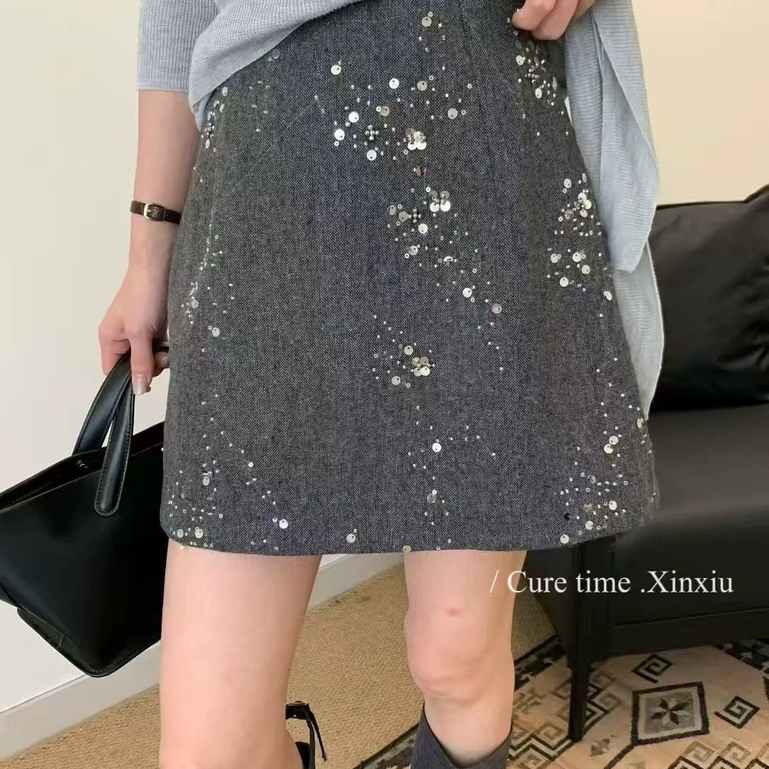 欧货高端重工亮片短款半身裙女毛呢小香风短裙羊毛防走光A字裙