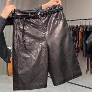 黑色宽松五分PU皮裤女秋季新款遮肉显瘦阔腿裤百搭通勤时髦休闲裤