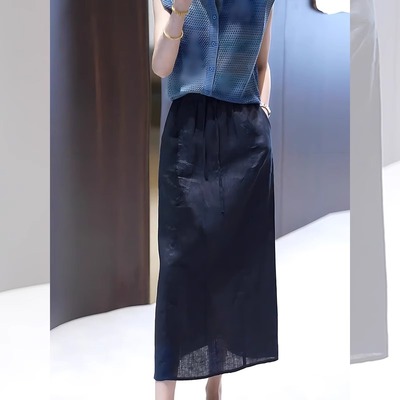 藏青色亚麻半身裙女夏季新款高腰显瘦气质宽松抽绳松紧腰A字长裙