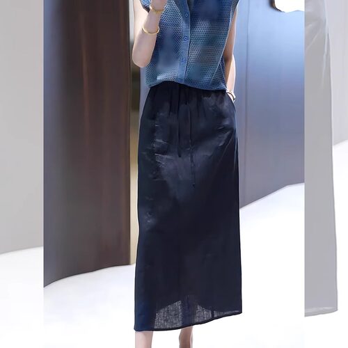 藏青色亚麻半身裙女夏季新款高腰显瘦气质宽松抽绳松紧腰A字长裙