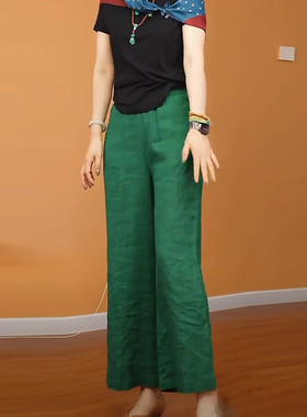 绿色亚麻直筒裤女2025夏季新款老钱风复古时尚减龄百搭显瘦休闲裤