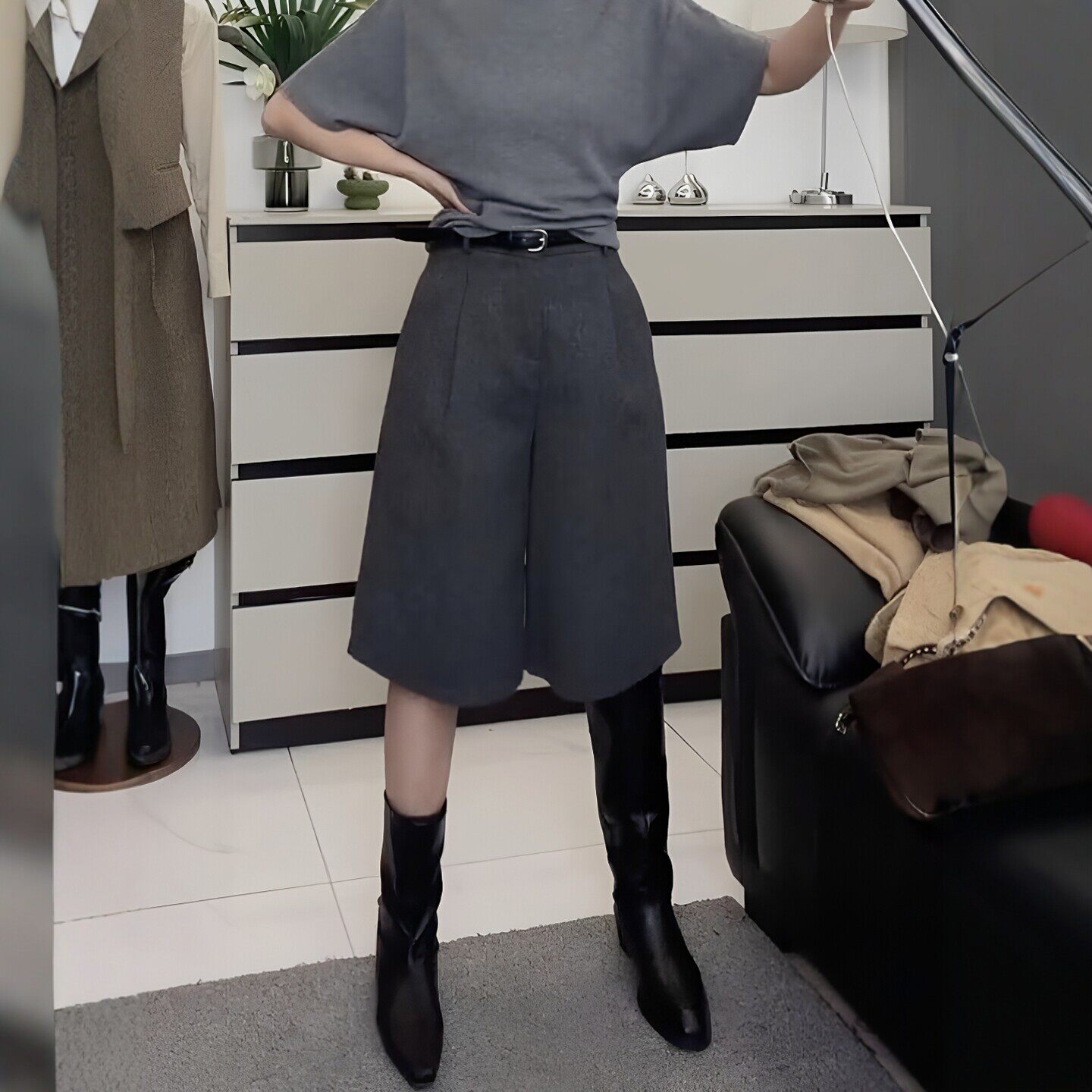 毛呢七分裤女秋冬简约风休闲轻飒都市风纯色阔腿高级百搭休闲裤