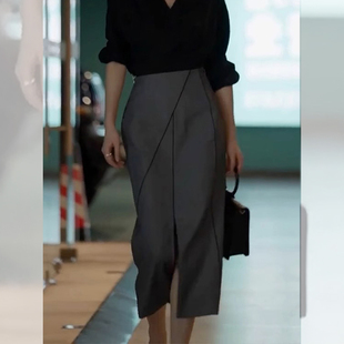气质前开叉A字裙子 高腰时尚 高级感灰色西装 半身裙女2025流行新款