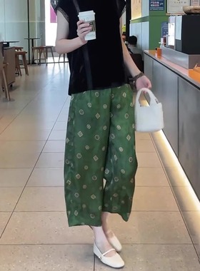 绿色波点休闲裤女2025夏季流行新款宽松时尚气质减龄百搭八分裤子