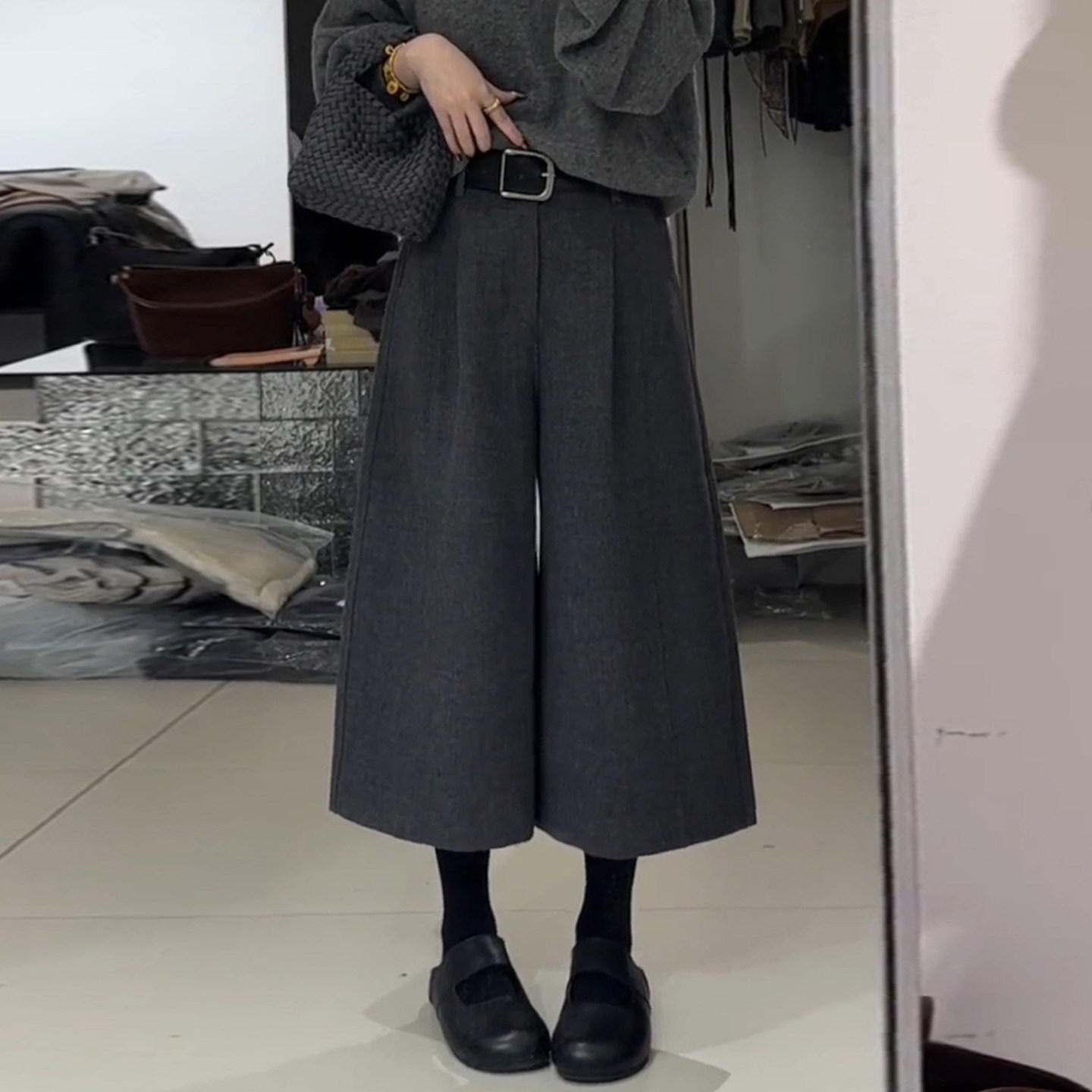 灰色毛呢八分裤女2025年冬季流行新款时髦洋气高腰宽松显瘦阔腿裤,女装/女士精品,大码裤装,淘宝优惠券,粉丝福利购,淘宝优惠卷