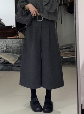灰色毛呢八分裤女2026年冬季流行新款时髦洋气高腰宽松显瘦阔腿裤