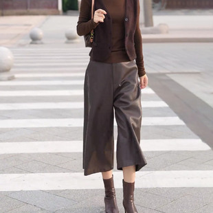 咖色七八分哑光皮裤女2025秋季流行爆款高腰宽松时尚百搭PU阔腿裤
