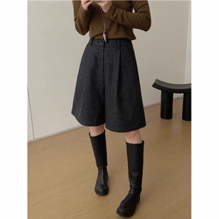毛呢阔腿短裤女士2025秋冬韩系高腰中裤小个子显瘦直筒a字五分裤