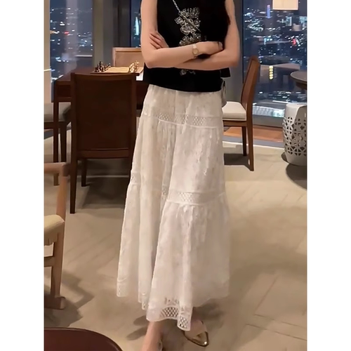 法式蕾丝白色气质高腰长裙女2026年夏季新款垂坠感宽松百搭A字裙