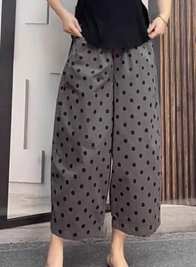夏装女2026年新款高级设计感灰色高腰显瘦宽松直筒阔腿九分波点裤