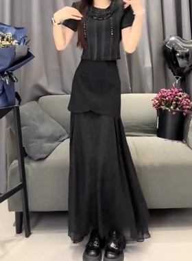 黑色拼接半身裙女夏季新款高腰显瘦气质时尚百搭设计感减龄a字裙