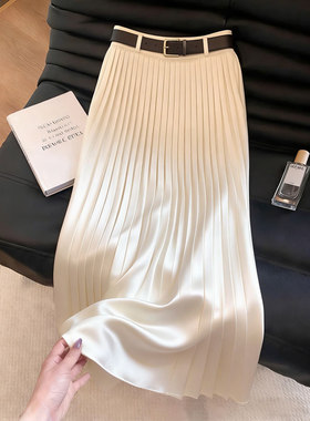 白色缎面百褶裙女2026夏季新款高级感高腰显瘦气质温柔减龄半身裙