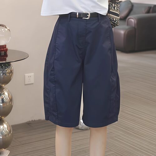 藏青色速干短裤女2026薄款大码显瘦小个子高腰宽松阔腿中裤