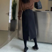 通勤风黑色开叉半身裙女2025秋冬新款 松弛感休闲高腰显瘦中长裙子