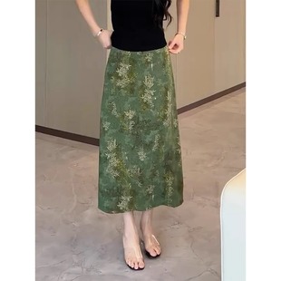 复古国风小众绿色印花裙2026年夏季 高腰显瘦气质直筒半身裙女 新款