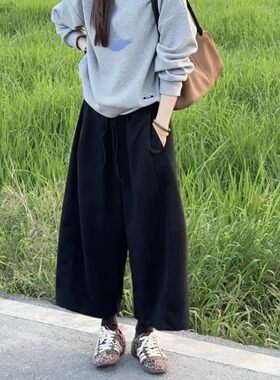 简约风休闲轻飒高腰阔腿裤女黑色毛呢松紧腰松弛感显瘦宽松九分裤