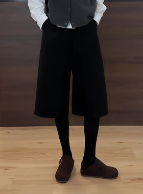 黑色毛呢六七分裤女2025秋季流行新款高腰显瘦高级感通勤风阔腿裤