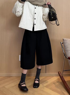 黑色慵懒风日系毛呢中裤2025大码胖mm气质百搭阔腿女裤子秋款视觉