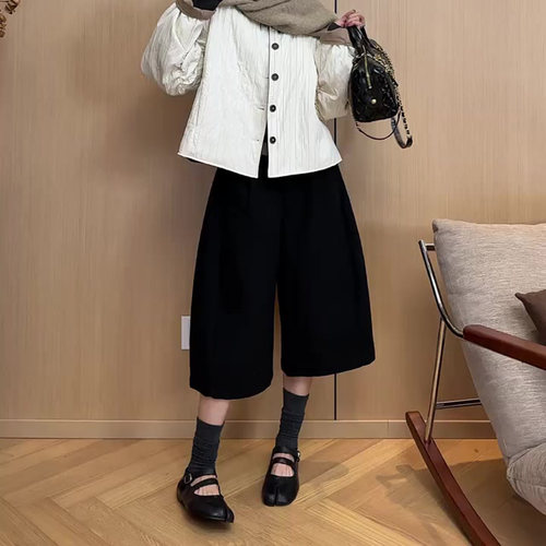黑色慵懒风日系毛呢中裤2025大码胖mm气质百搭阔腿女裤子秋款视觉
