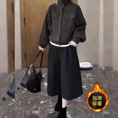深灰色毛呢阔腿裤女冬季新款大码梨形身材小个子加绒加厚八分裤子