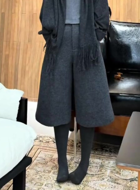灰色毛呢阔腿裤女2025秋季新款气质高腰时尚显瘦宽松百搭八分裤