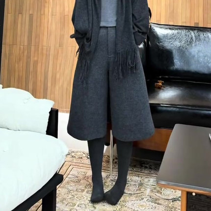 灰色毛呢阔腿裤女2025秋季新款气质高腰时尚显瘦宽松百搭八分裤
