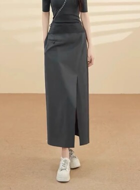 气质西装裙2026年夏季新款高级感时尚开叉设计休闲半身裙灰色裙子