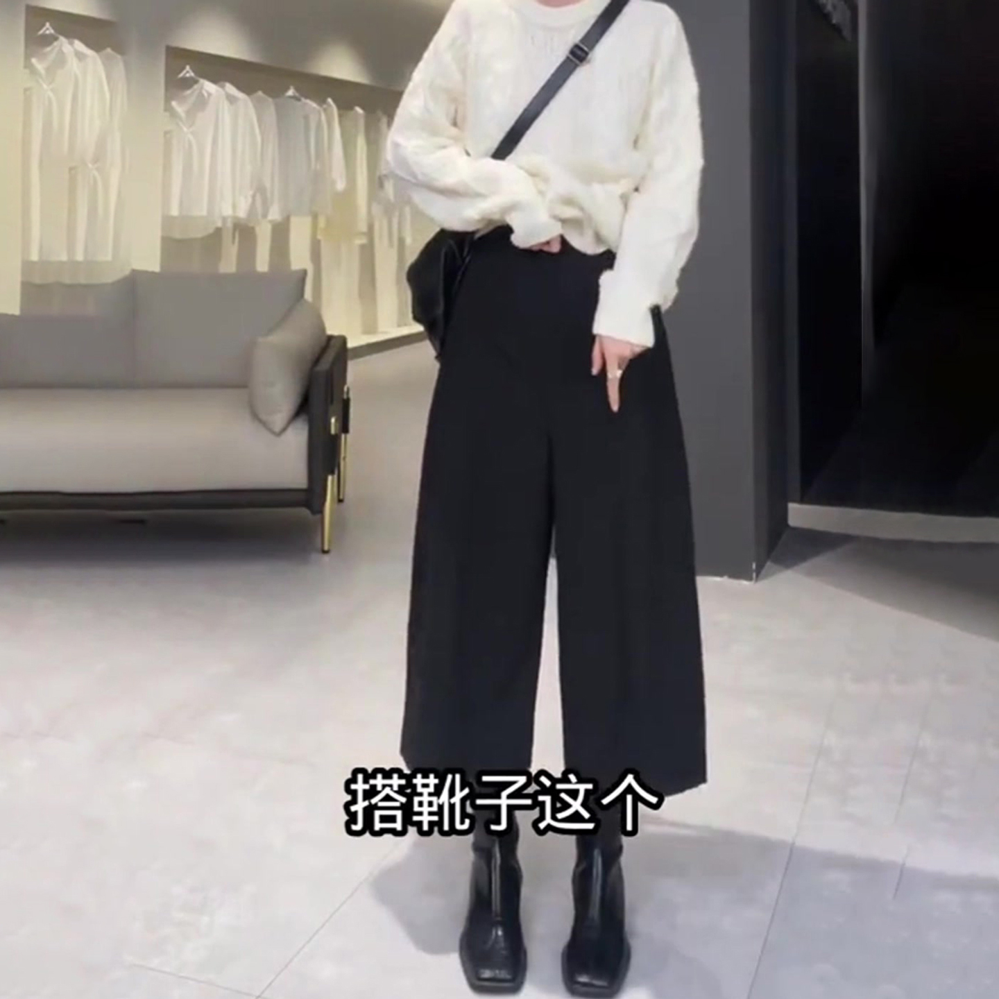 黑色八分毛呢休闲裤女秋冬新款高腰显瘦时尚百搭洋气直筒阔腿裤子