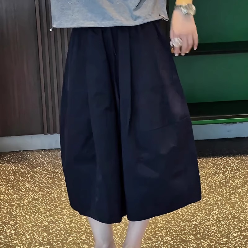 日系小众藏青色七分花苞裤女夏季新款宽松遮肉时尚百搭垂感阔腿裤