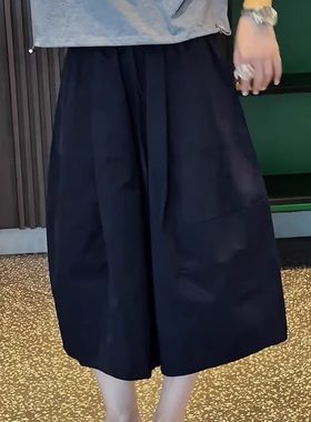 日系小众藏青色七分花苞裤女夏季新款宽松遮肉时尚百搭垂感阔腿裤