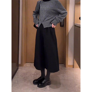 高腰显示宽松欧货小个子百搭八分休闲裤 黑色毛呢阔腿裤 女秋冬新款