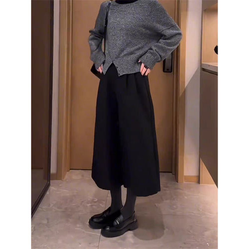 黑色毛呢阔腿裤女秋冬新款高腰显示宽松欧货小个子百搭八分休闲裤