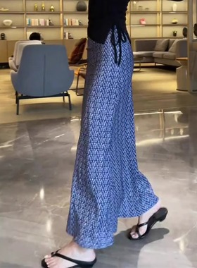 蓝色印花时尚高品质百搭半身裙女2025年夏季新款休闲慵懒风包臀裙