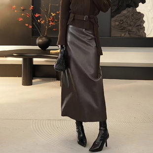 复古时尚 高腰显瘦法式 气质A字半身裙 流行爆款 咖色皮裙女2025冬季