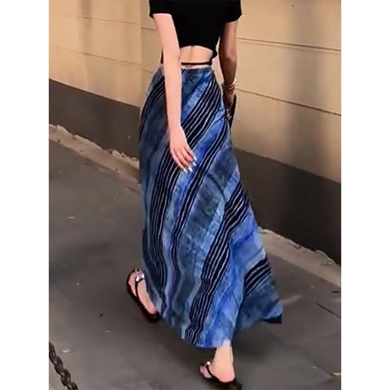 韩版设计高腰条纹扎染垂感半身裙女25年夏季新款宽松显瘦长裙chic