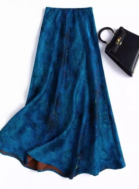 深圳南油高端大摆真丝花罗香云纱鱼尾裙加长桑蚕丝蓝色礼服半身裙