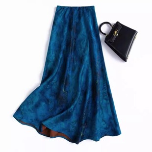 深圳南油高端大摆真丝花罗香云纱鱼尾裙加长桑蚕丝蓝色礼服半身裙