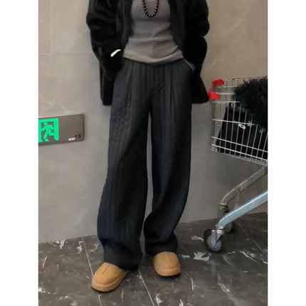 黑色休闲百搭宽松加厚棉裤保暖裤子冬季新款高腰显瘦直筒阔腿裤