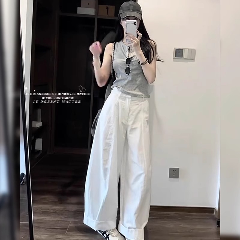 白色弯刀休闲裤女2025夏季薄款大码胖mm梨形身材显瘦垂感镰刀裤子