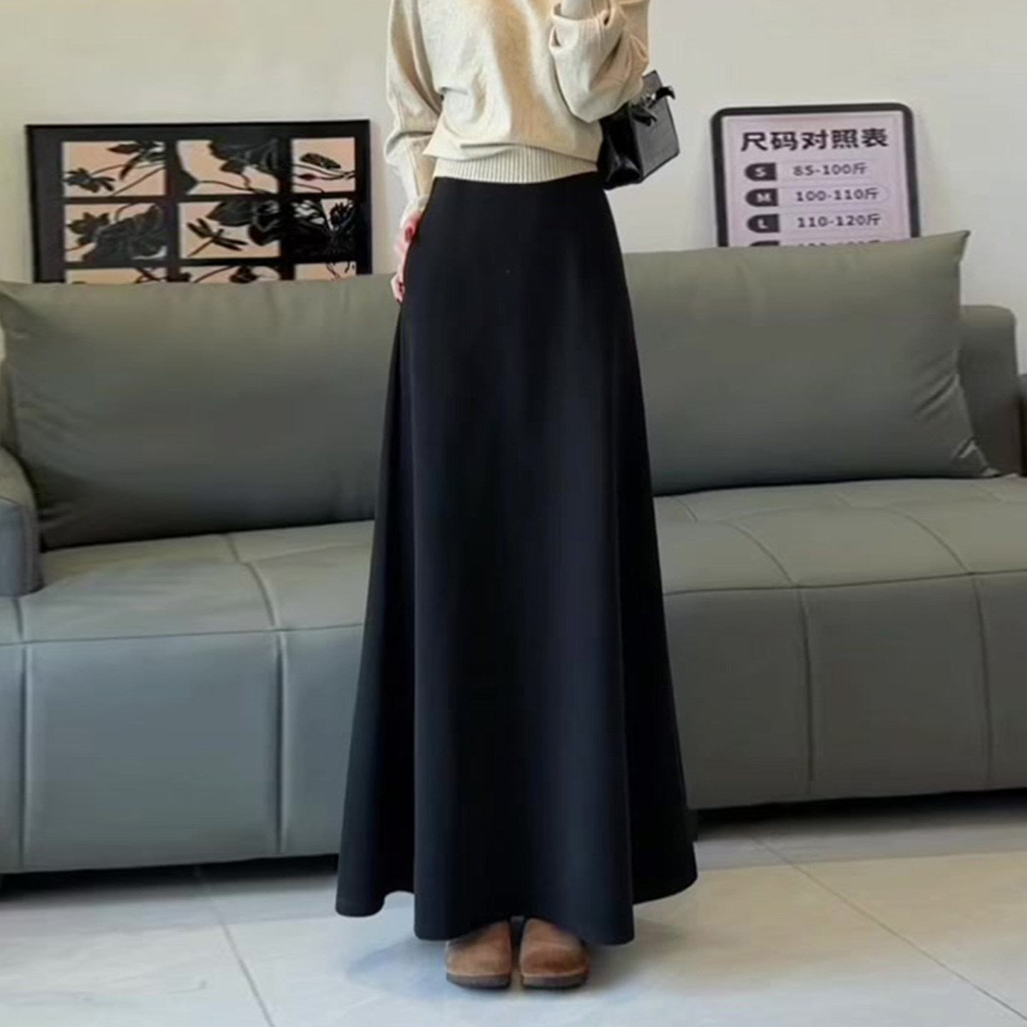 黑色毛呢A字半身裙女2025秋冬新款高腰显瘦垂感时尚气质百搭长裙