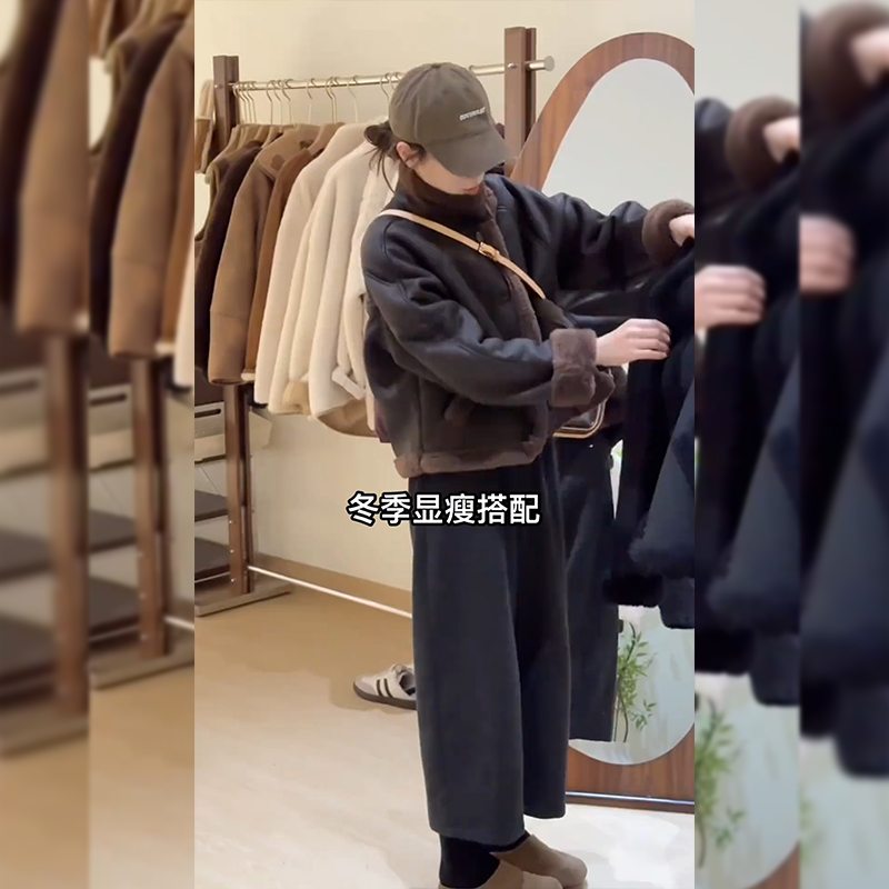 欧货毛呢阔腿裤女秋冬新款大码梨形身材小个子宽松加绒加厚镰刀裤