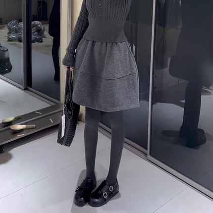 灰色毛呢花苞裙女秋冬新款高腰显瘦时尚气质百搭超好看a字半身裙