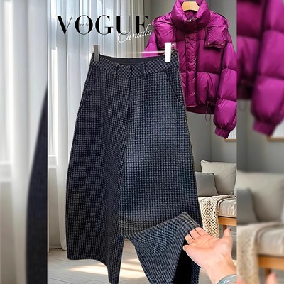 加绒加厚毛呢格子裤女冬季新款大码梨形身材小个子宽松显瘦哈伦裤