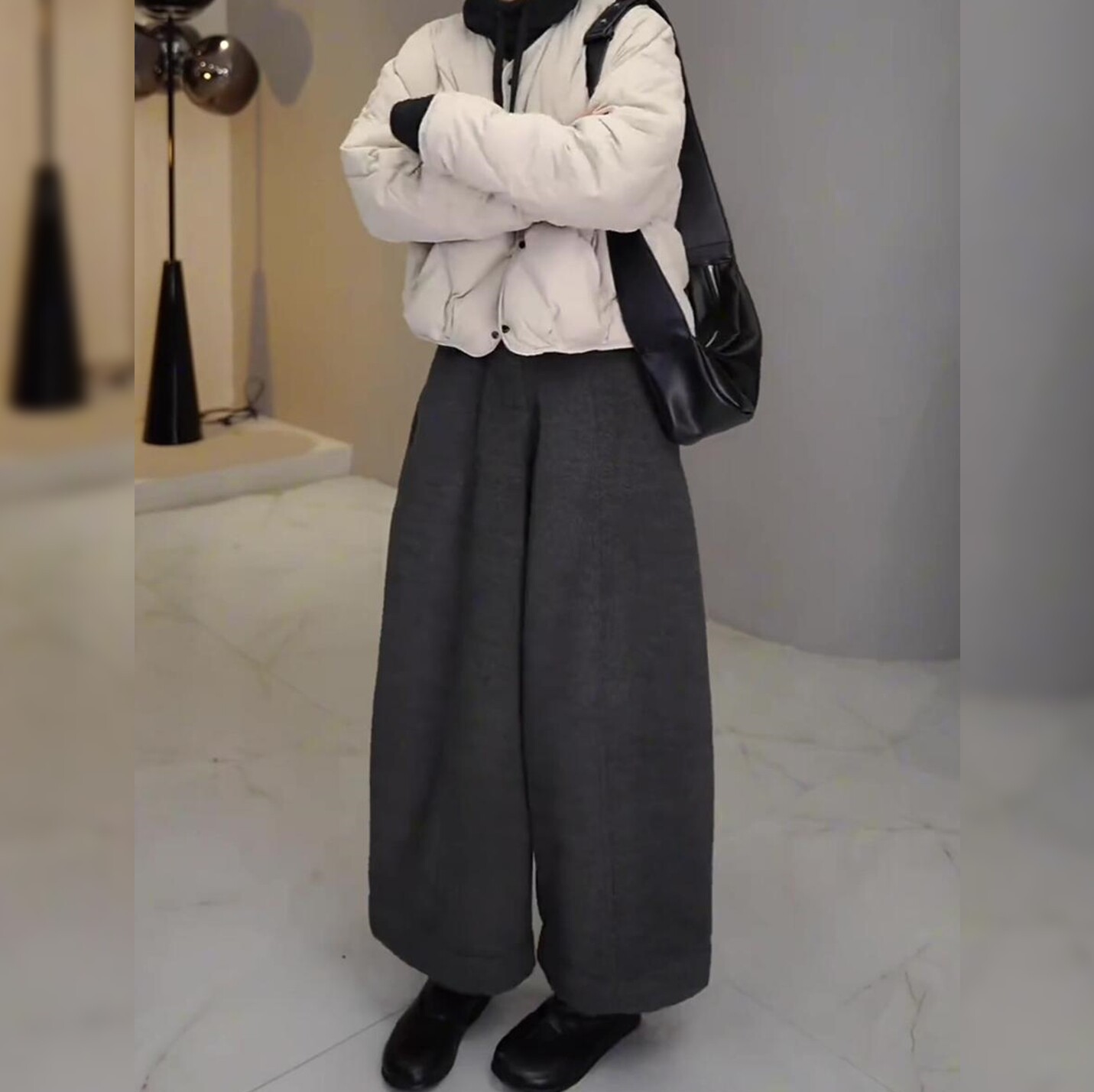 冬季新款加绒简约风高腰毛呢直筒休闲裤女梨形身材显瘦阔腿九分裤