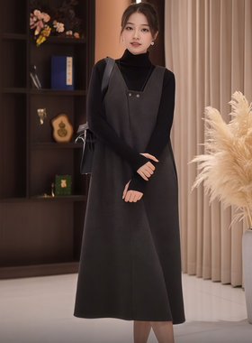 极简风前后两穿背心连衣裙女2025秋季大码胖MM高级感重磅斜纹裙子