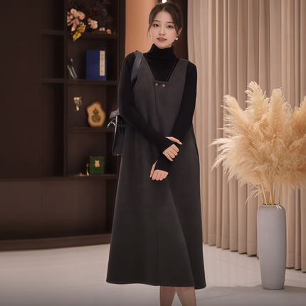 极简风前后两穿背心连衣裙女2025秋季大码胖MM高级感重磅斜纹裙子