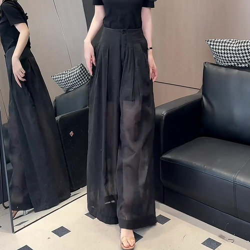 黑色网纱阔腿裤女2026新款夏季薄款清凉舒适显瘦宽松直筒冰丝裤子