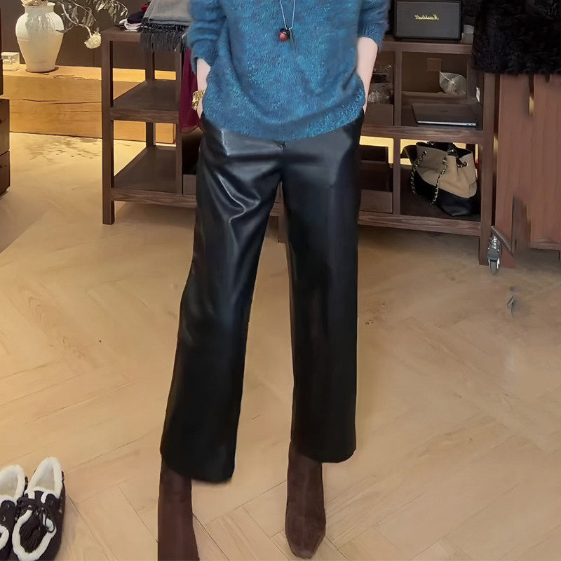 松弛感黑色窄版九分皮裤女2025秋季新款简约宽松高腰气质直筒裤,女装/女士精品,休闲裤,淘宝优惠券,粉丝福利购,淘宝优惠卷