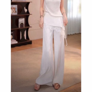 休闲蕾丝拼接屁帘裤 女士高腰新款 白色垂感百搭显瘦长裤 女2026夏季